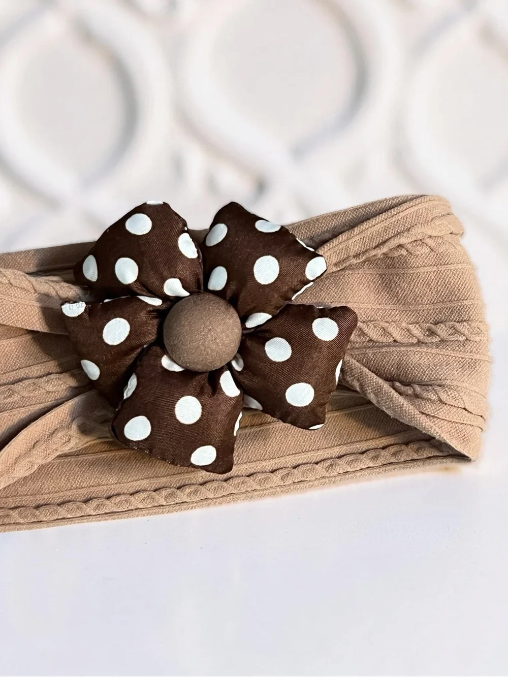 Handmade Baby/Toddler Cable Knit Turban Headwrap with Polka Dot Flower